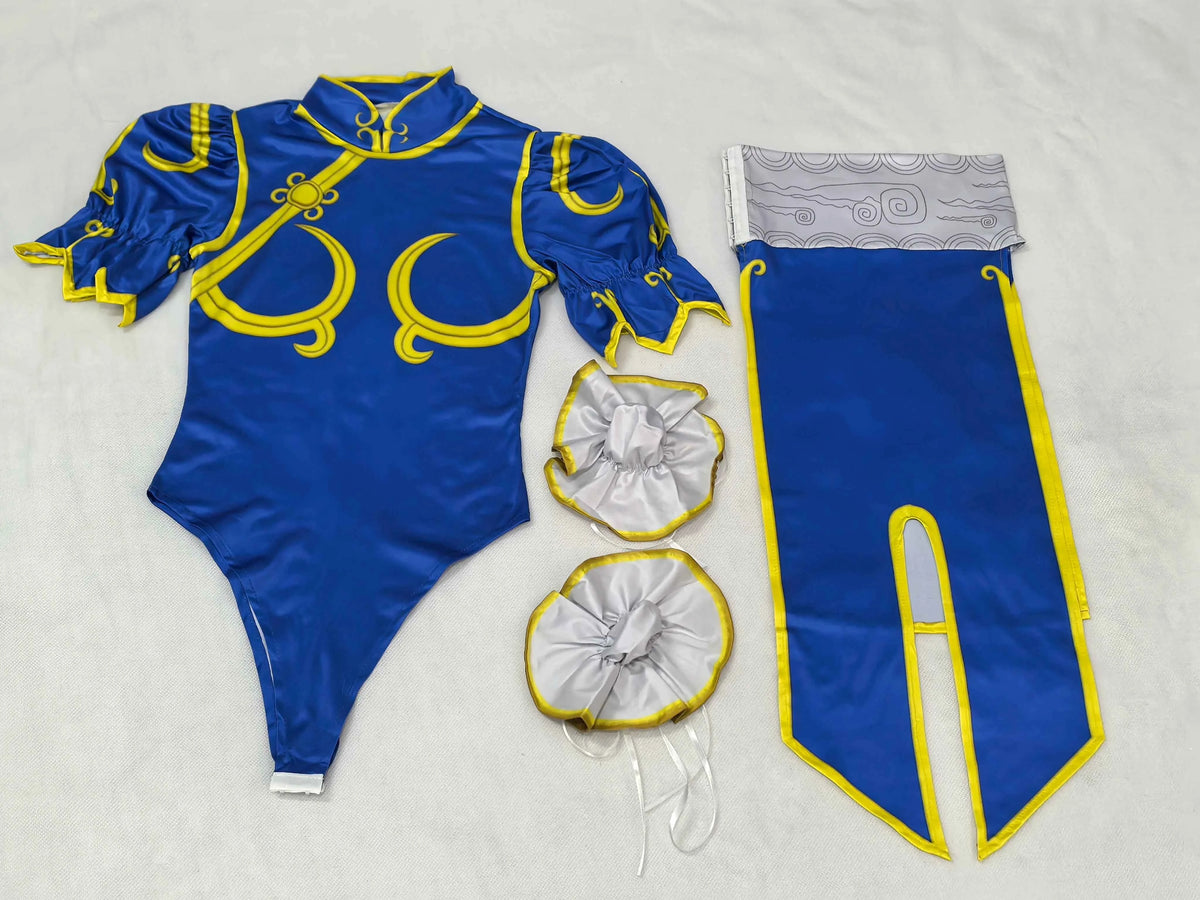 Women's Street Fighter Chun Li Cosplay Costume Game Fighter Chunli Blue Cheongsam with Headdress and Waistband Halloween Costume