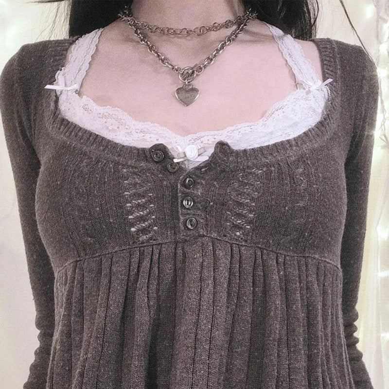 2000s Vintage Long Sleeve Babydoll Knitted Sweater Tops Cottage Milkmaid Pullovers Aesthetic Grunge Y2k Knitwear T-shirts Women SS69