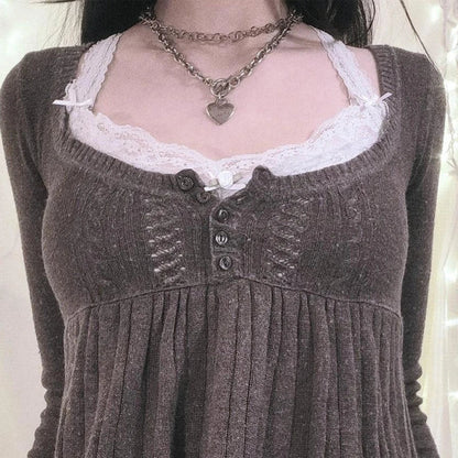 2000s Vintage Long Sleeve Babydoll Knitted Sweater Tops Cottage Milkmaid Pullovers Aesthetic Grunge Y2k Knitwear T-shirts Women SS69