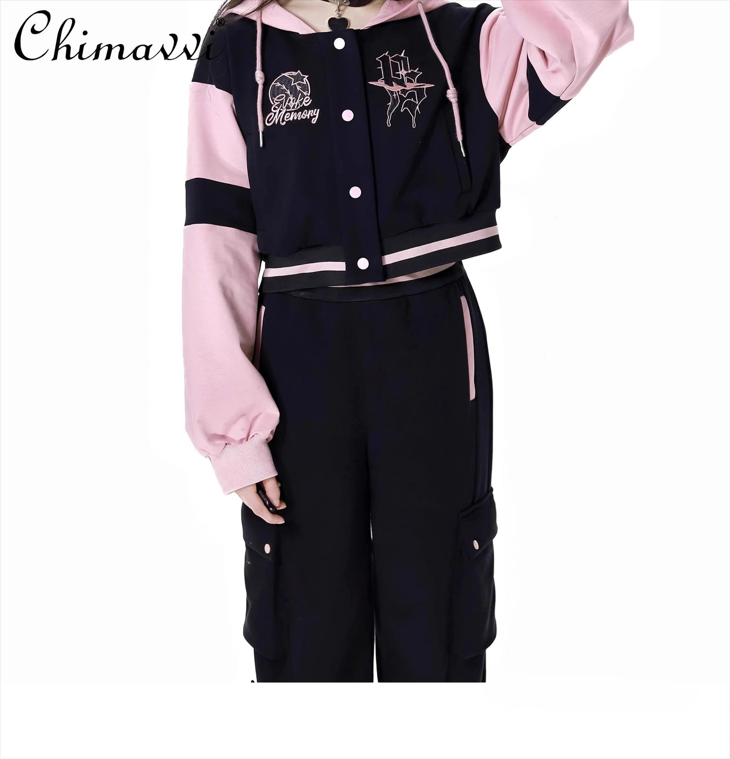 Pink and Black Splicing Color Hooded Baseball Jacket Casual Pant Sets 2025 Spring and Autumn Sweet Cool Girl Students Outfits SS69