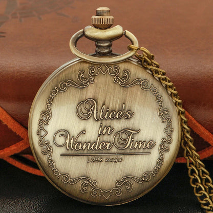 Bronze Fairy Tale Alice Poker Rabbit Hollow Characteristic Quartz Pocket Watch Retro Men's and Women's Necklace Pendant Gift SS69