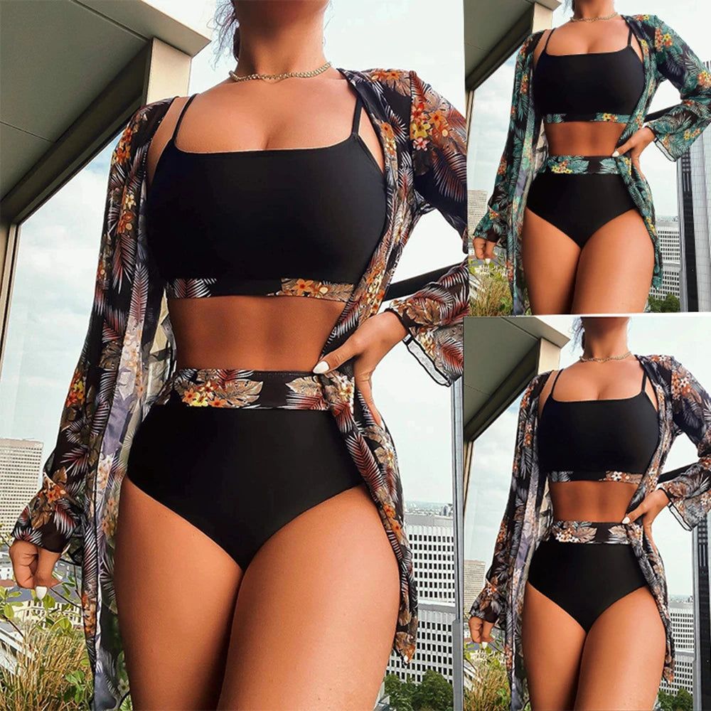 Hot Selling Women Bikini 3 Pieces Suit Black/Green/Red Bikini Sets With Long Sleeved Cover Ups High Quality Size Small-XXLarge SS69