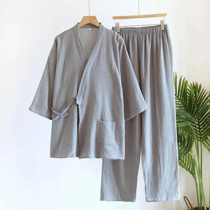 Large Size Kimono Robes with Pocket and Long Pants 2 Pcs Pajamas Set for Men Sleepwear Clothes Cotton Pjamas for Men