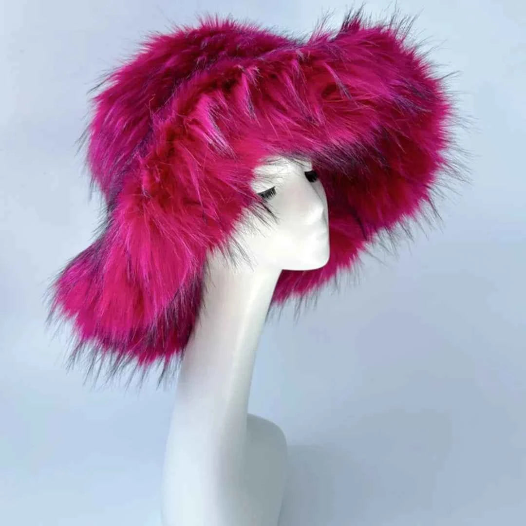 Luxury Fluffy Women Faux Fur Bucket Hats Oversized 17cm Wide Brim Thicken Outdoor Warm Plush Punk Hat Girl Y2k Female Ski Panama