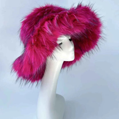 Luxury Fluffy Women Faux Fur Bucket Hats Oversized 17cm Wide Brim Thicken Outdoor Warm Plush Punk Hat Girl Y2k Female Ski Panama
