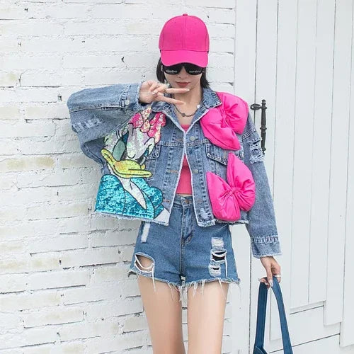 Fashion Brand Jeans Coat Women's Spring Autumn New Heavy Industry Cartoon Sequins Chaqueta High Street Loose-Fitting Denim Coats - SS69
