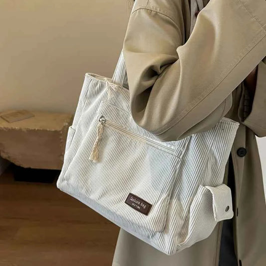 Simple Corduroy Tote Bag, Solid Color Shoulder Bag, Retro Multi Pockets Handbag For School Work Shopping