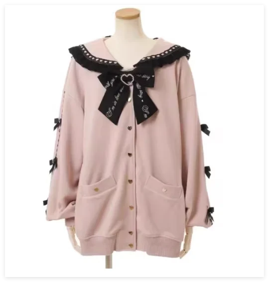 Mine Series Japanese Embroidery Bow Sail Collar Black Long Sweatshirt Coat Women Hoodie Lolita Sweet Girls Pink Hoodies Jacket