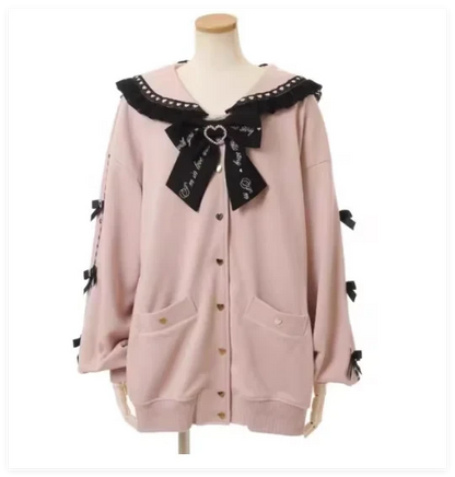 Mine Series Japanese Embroidery Bow Sail Collar Black Long Sweatshirt Coat Women Hoodie Lolita Sweet Girls Pink Hoodies Jacket