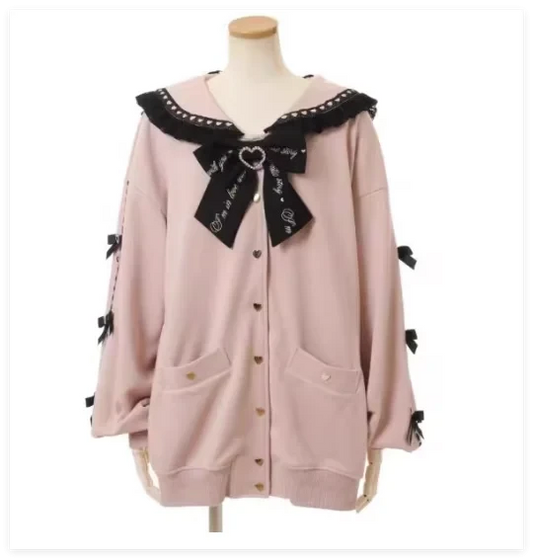 Mine Series Japanese Embroidery Bow Sail Collar Black Long Sweatshirt Coat Women Hoodie Lolita Sweet Girls Pink Hoodies Jacket