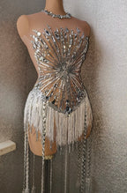 Sparkly Rhinestone Fringe Mesh Dance Costume for Women