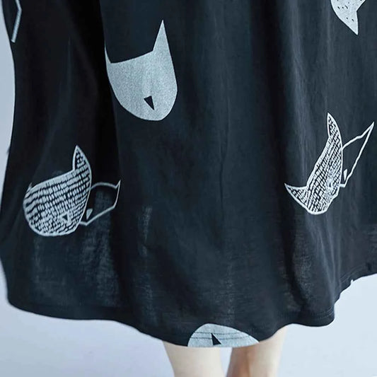 Plus Size Women Loose Dress Cute Cartoon Cat Print O Neck  Short Sleeve Baggy Large Size Oversized Maxi Dress Round Neck