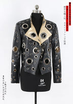 Nerazzurri Women's Faux Leather Jacket with Rivets & Hollow Out Detail