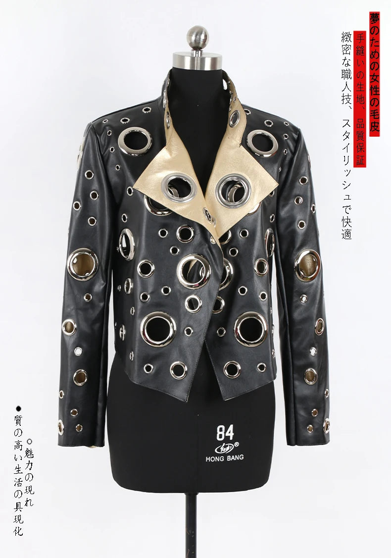 Nerazzurri Women's Faux Leather Jacket with Rivets & Hollow Out Detail