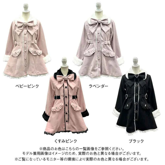 Japanese Sweet Winter Woolen Coat Lolita Style Cute Big Bow Fungus Edge Long Sleeve Slim Kawaii Girls Women Elegant Overcoat