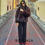 KONDALA Casual Chic Chocolate Brown Leather Fur Coat Women Double Wear Buttons Pockets Jacket Fashion 2025 Autumn Winter Outwear