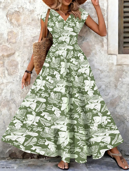 2026 Vintage Floral Print Dress Elegant V-Neck Short Sleeve Long Women's Fashion Retro Gown