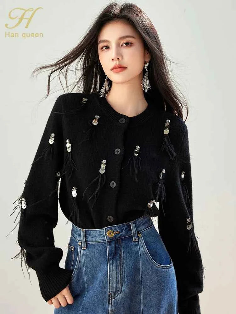 H Han Queen Autumn Simple Basic Black Tasseled Sequins Knitted Coats Cardigan Sweater For Womens Tops Long Sleeve Cardigans