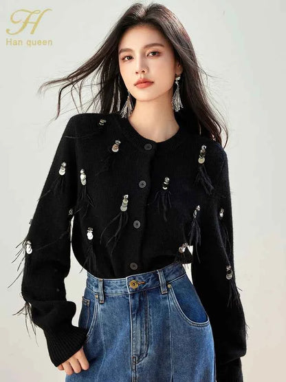 H Han Queen Autumn Simple Basic Black Tasseled Sequins Knitted Coats Cardigan Sweater For Womens Tops Long Sleeve Cardigans