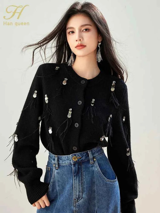 H Han Queen Autumn Simple Basic Black Tasseled Sequins Knitted Coats Cardigan Sweater For Womens Tops Long Sleeve Cardigans
