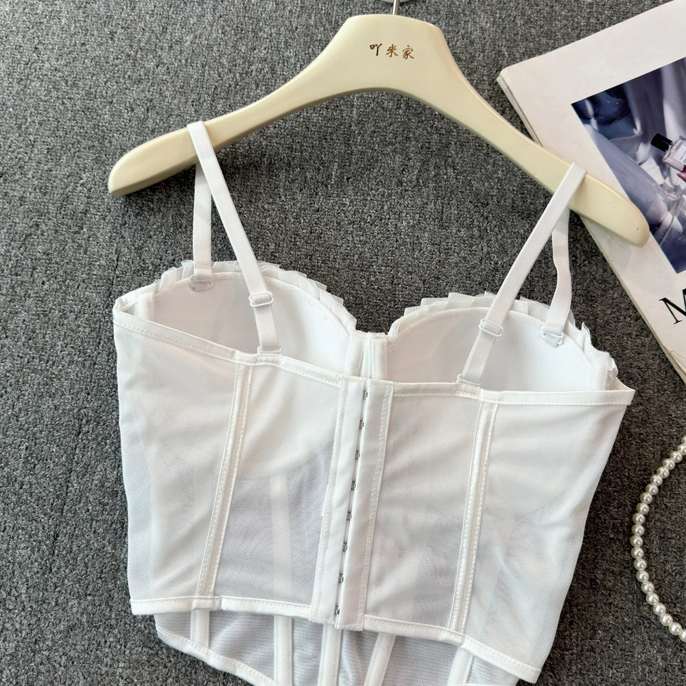 korean fashion mesh summer Fashion fishbone camis Corset  Slim Hotsweet Tank Top Women sweet crop top SS69