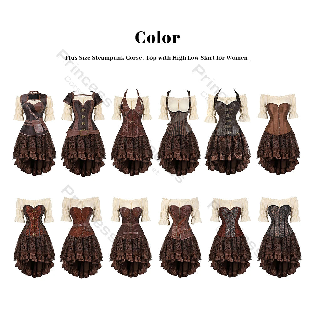 Brown Pirate Dress Plus Size Faxu Leather Steampunk Corset Dress with Shoulder Off Blouse Cosplay Pirate Costume for Women SS69