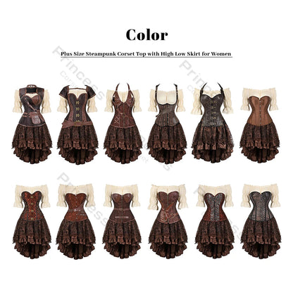 Brown Pirate Dress Plus Size Faxu Leather Steampunk Corset Dress with Shoulder Off Blouse Cosplay Pirate Costume for Women SS69