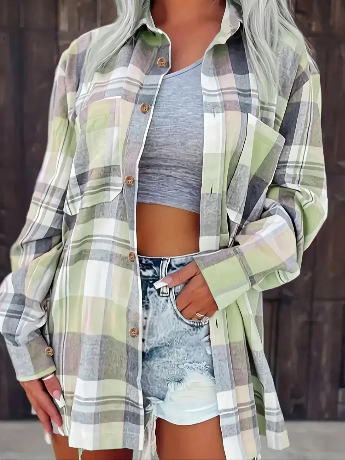 Women Plus Size Fashion Plaid Printed Shirt Casual Loose Long Sleeved Shirt  Lapel Design Shirt Tops SS69 27.69 Green / 4XL