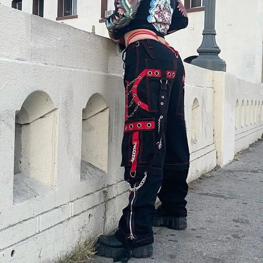 Cyber Punk Unisex Cargo Wide Leg Pants Chain Bandage Ruched Tie Capris Pants Women Gothic Baggy Trousers BF Hippie Grunge Jogger SS69