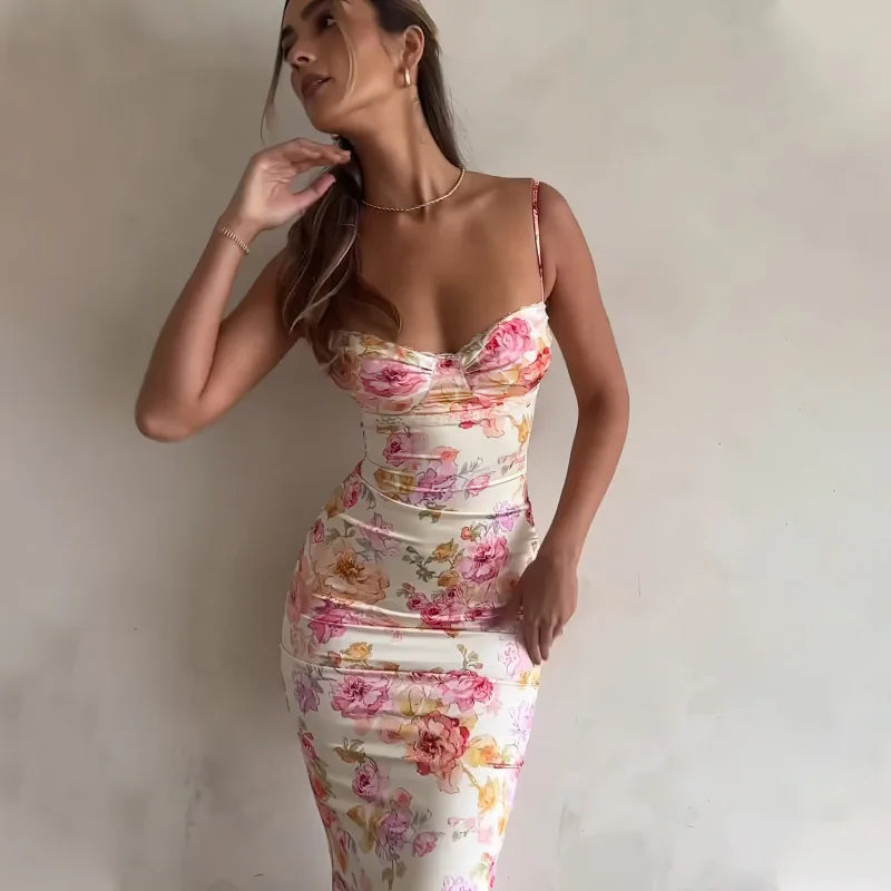 New Floral Suspender Split Slim Sleeveless Patry Beach Style Spaghetti Strap Dress Women Clothes Mini Dress 2024 Summer SS69