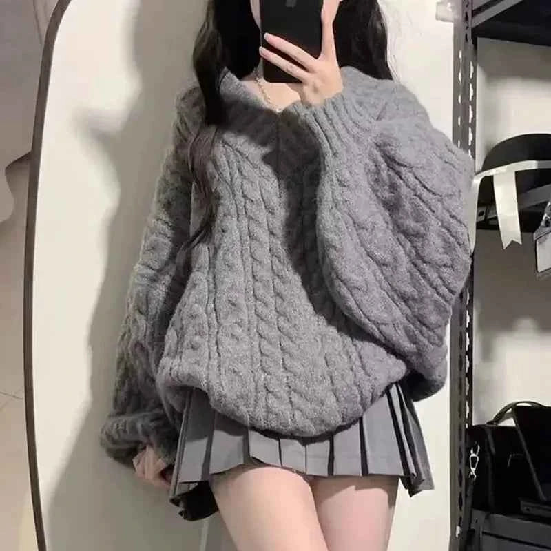 Autumn Winter Women Sweater Harajuku Oversized Knitted Pullovers Korean Long Sleeve V Neck Knitwear Preppy Solid Loose Jumper