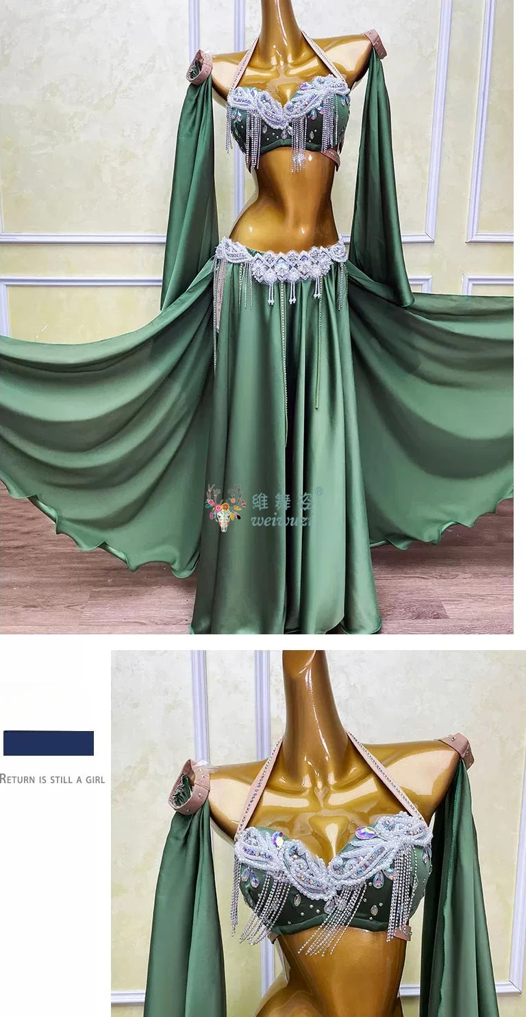 Belly Dance Outfit Suit Women's Customized Senior AB Stones Bra+sexy Split Long Skirt 2pcs Oriental Dance Performance Costumes