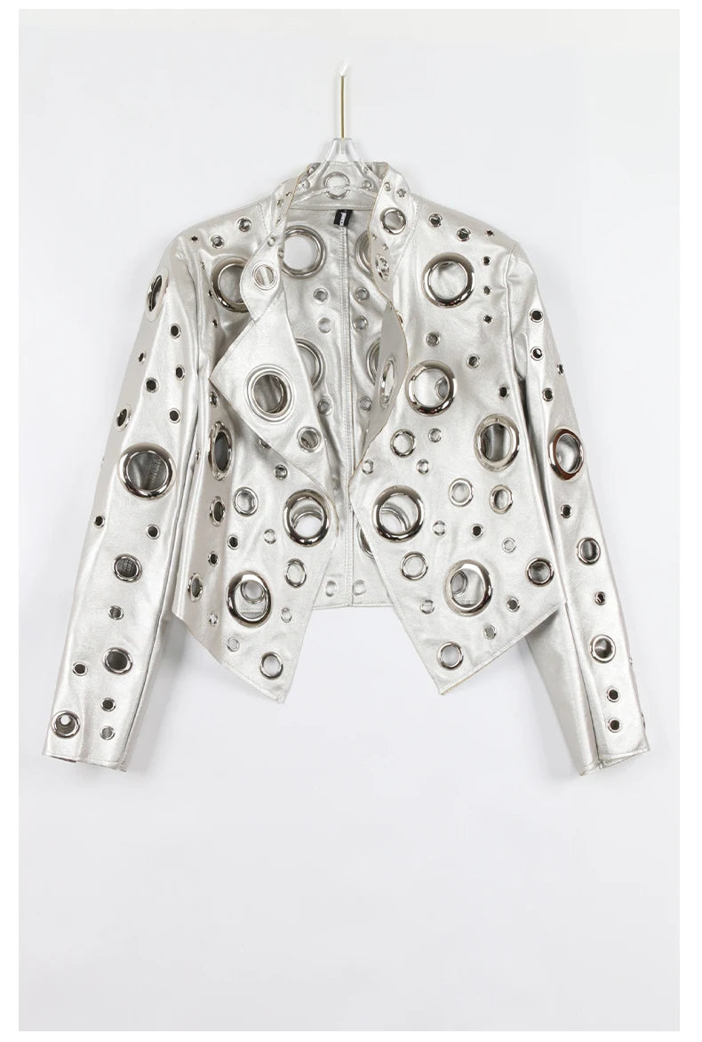 Nerazzurri Women's Faux Leather Jacket with Rivets & Hollow Out Detail