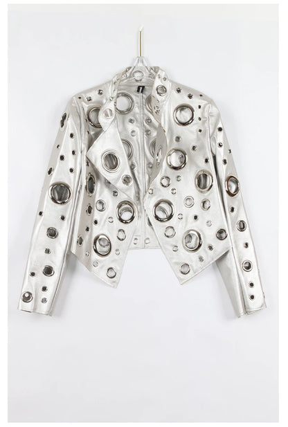 Nerazzurri Spring Autumn Short Hollow Out Pu Leather Jacket Women Rivet Cool Stylish Luxury Designer Clothes Runway Fashion 2024