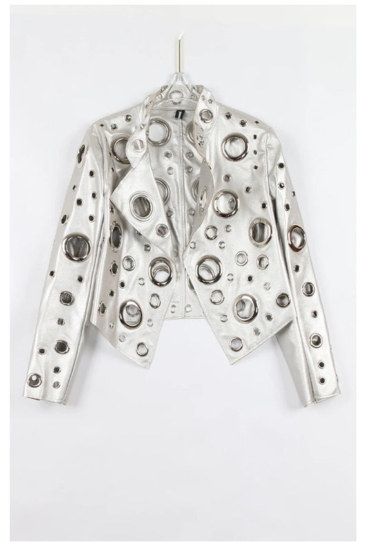 Nerazzurri Spring Autumn Short Hollow Out Pu Leather Jacket Women Rivet Cool Stylish Luxury Designer Clothes Runway Fashion 2024