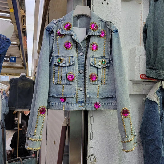 Color Gem Stitching Denim Coat Autumn New American Style Vintage Washed Beaded Rivet Street Fashion Short Jacket Women Trendy SS69 52.69 Purple Drill Coat / M