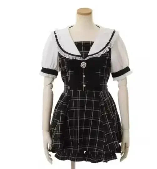 Geyalovvy Women's Lolita Sailor Collar Plaid Rhinestone Bow Two-Piece Set