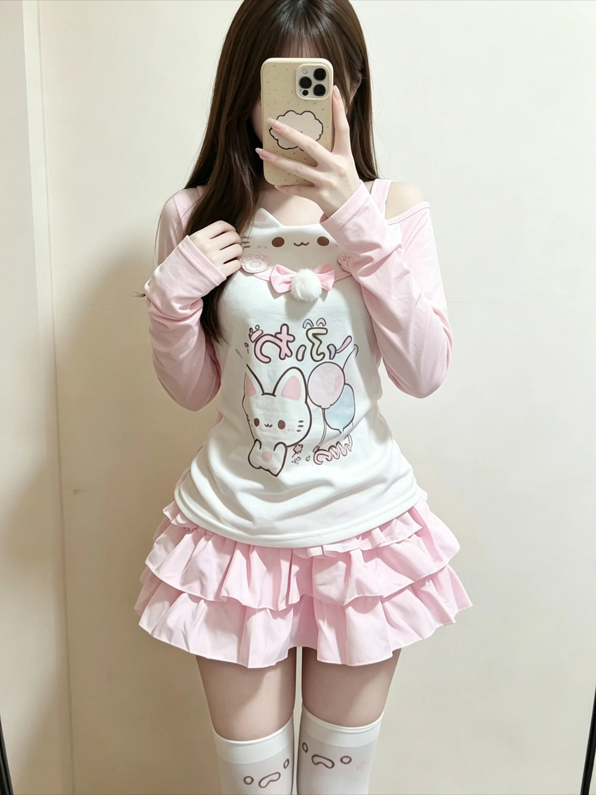 Sweet Japanese T-shirts Women's Clothing Pink Butterfly Patchwork Lace Slash Neck Tees Anime Print Off Shoulder Cute Y2k Tops