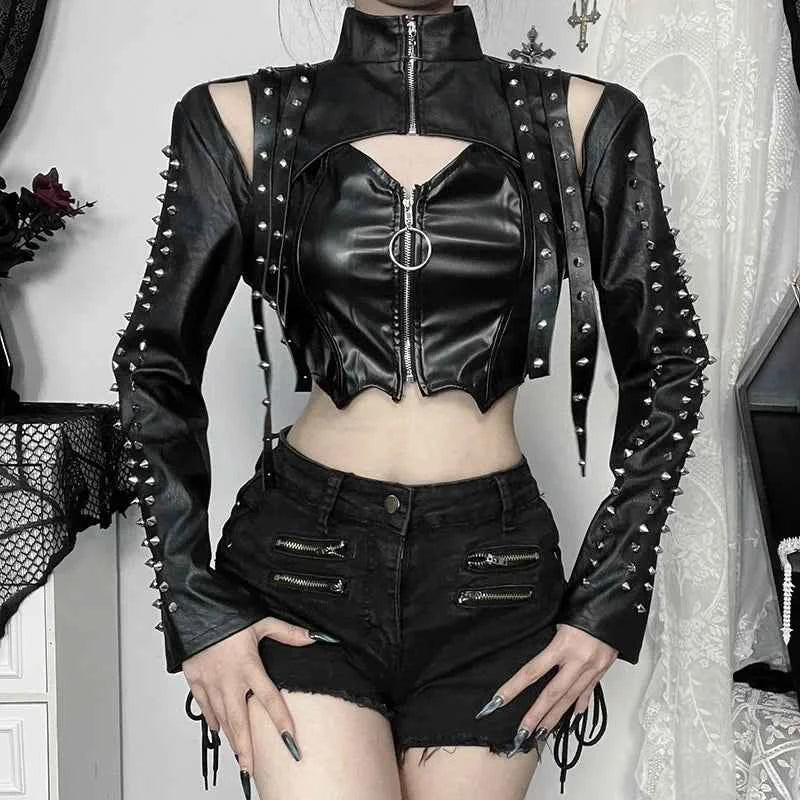 Punk Faux Leather Cropped Jacket Women Spring 2024 Streetwear Sexy Slim Fit Rivet PU Blouse Top