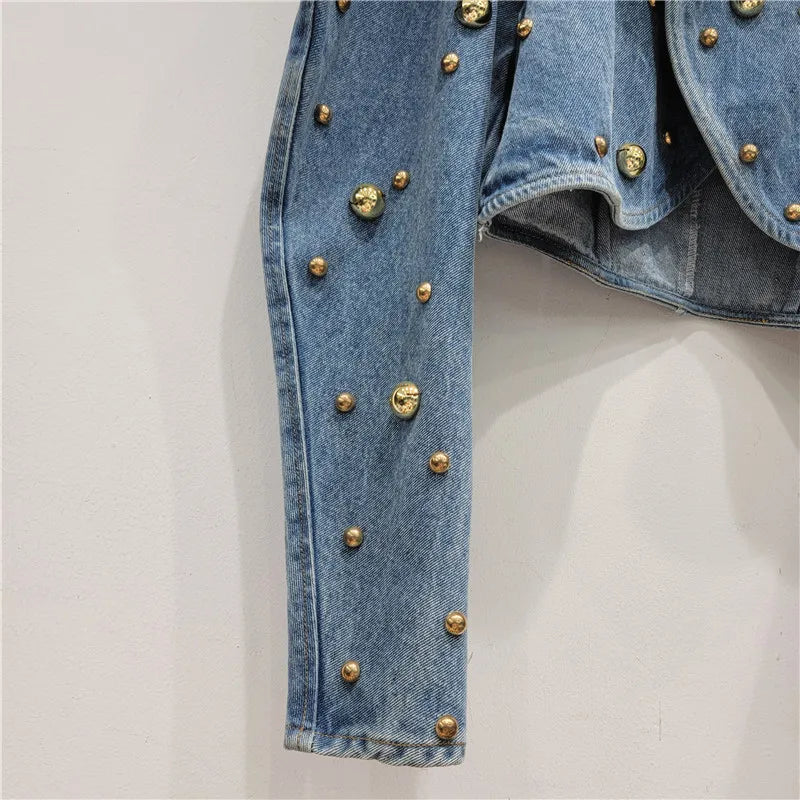 Spring Autumn Women Rivets Long Lantern Sleeve Denim Coat Short Pearls Beading Jeans Bomber Jacket Cowboy Cardigan Tops 2023 SS69