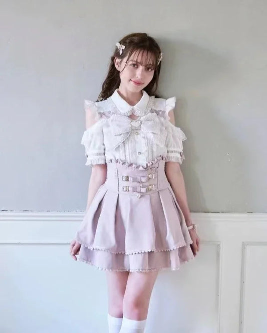 Japanese Liz Mine Women's Shirt Summer Off Shoulder Big Bow Short Sleeve Top Cute Girl BlousesHigh Waist Skirt 2 Piece Skirt Set SS69