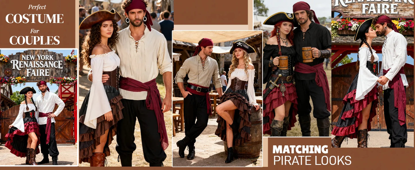 Verceco Pirate Costume Women Outfit with Renaissance Pirate Shirt Skirt Corset Waist Belt Womens Halloween Pirate Costumes
