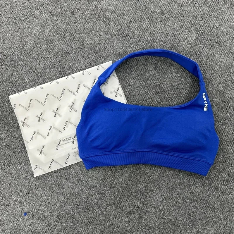 Dfyne Impact Sports Bra Women Seamless Halter Neck Strap Bras with Logo Padded Open Back Yoga Bra Medium Support Gym Crop Top SS69