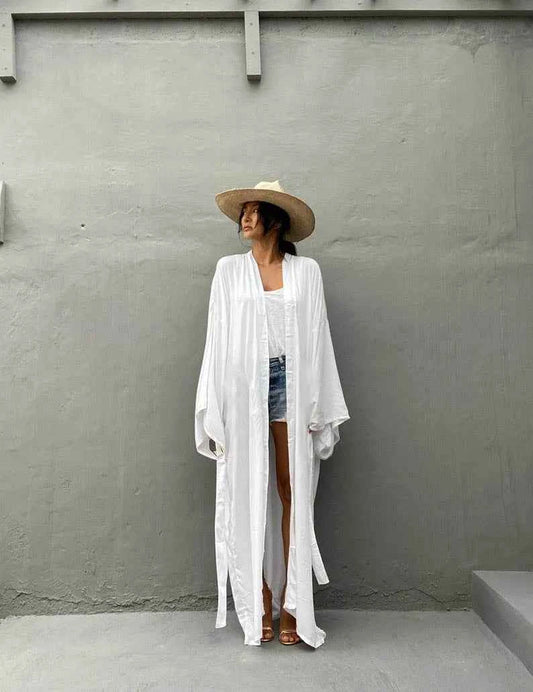 Solid Beach Cover Up Women Self Belted Wrap Kimono Dress Swimsuit 2025 New Robe Summer Beachwear Factory Supply