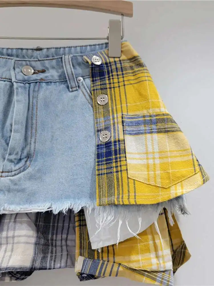DEAT Women's Denim Skirt Colored Plaid Patchwork Irregular Deconstructed A-line High Waist Mini Skirt 2025 Summer New Fashion SS69