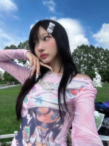 Karrram Japanese Y2k Anime Print Mesh Tops 2000s Aesthetics Pink Sheer Top Vintage Harajuku Kawaii See Through T-shirt Lolita SS69