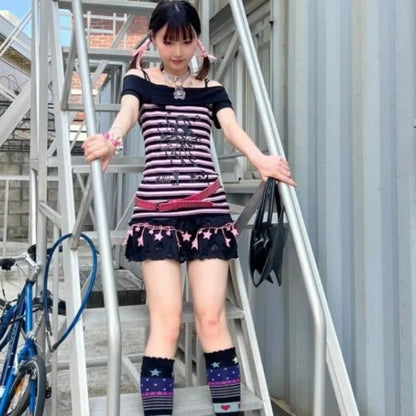 Slash Neck Black Pink Striped T-shirts 2025 Summer New Slim Waist Tops Women Y2k Grunge Off Shoulder Short Sleeve Tee Shirt SS69