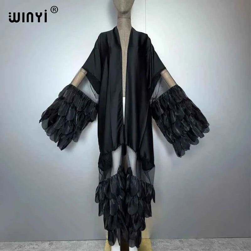 WINYI Catwalk sexy Kimono Women elegant coat Long Sleeve Cardigan abaya dubai luxury beachwear Cover Up dress holiday Caftan