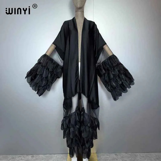 WINYI Catwalk sexy Kimono Women elegant coat Long Sleeve Cardigan abaya dubai luxury beachwear Cover Up dress holiday Caftan
