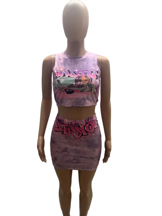 Sexy Y2K 2 Piece Skirt Sets Clothes Outfit 2023 Streetwear Fashion Dress Summer Crop Graphic T Shirts Top Women Two Piece Set SS69